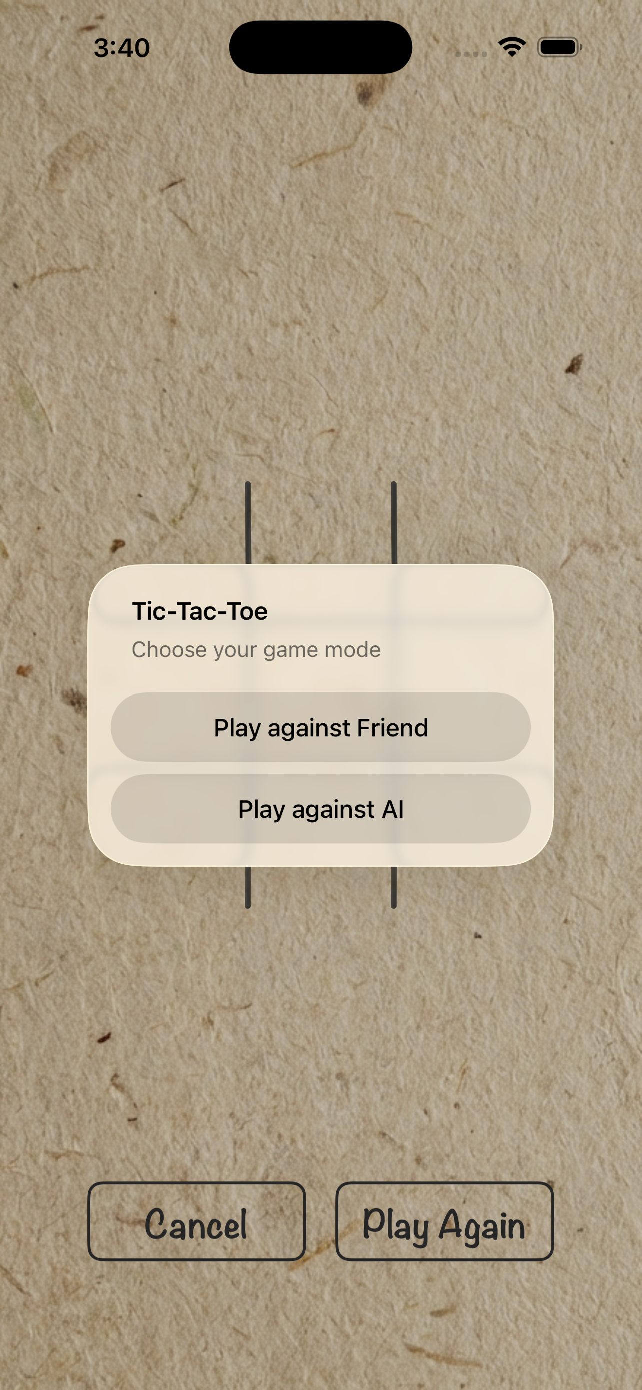 Tic Tac Toe gameplay on a paper-textured board